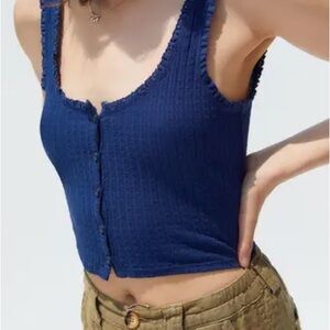 NWT! Urban Outfitters blue ribbed button front ruffle crop tank S
